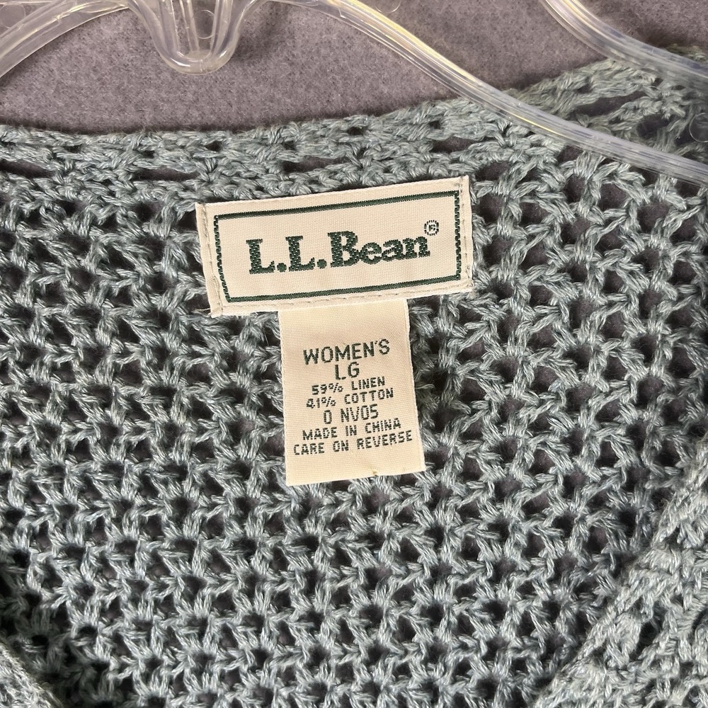 VTG  90s L L‎ Bean Linen Blend Chunky Knit Crochet Cardigan Womens L Blue Button - Picture 3 of 7